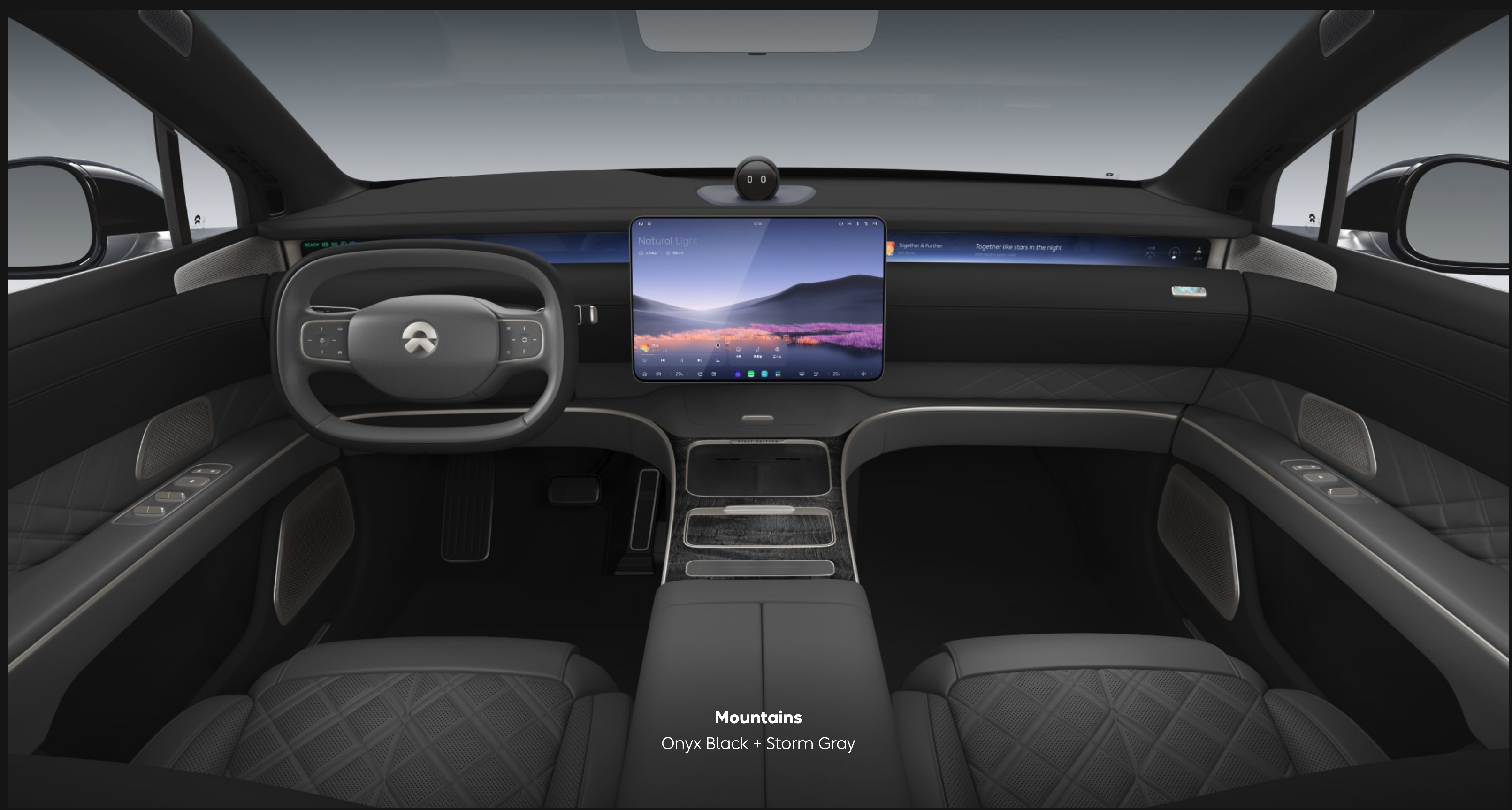 blurry photo of sunset over ocean with logo on top